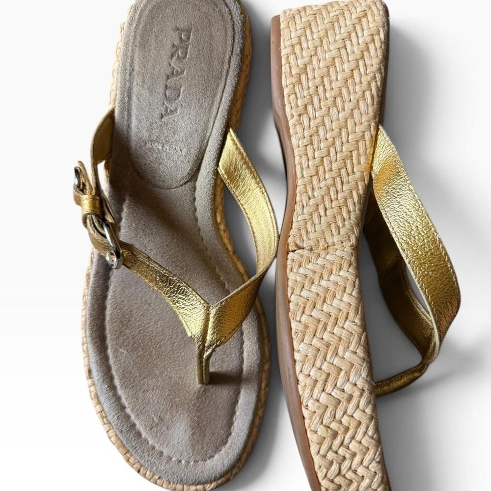 Prada Gold Metallic Leather Raffia Wedge Thong Sandals IT 36.5